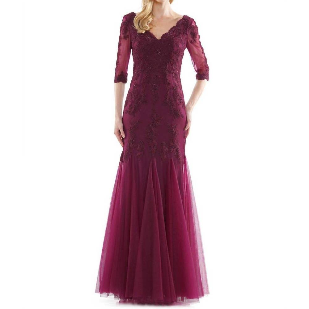 NEW COLORS DRESS sheer 3/4 sleeve mermaid gown in wine
